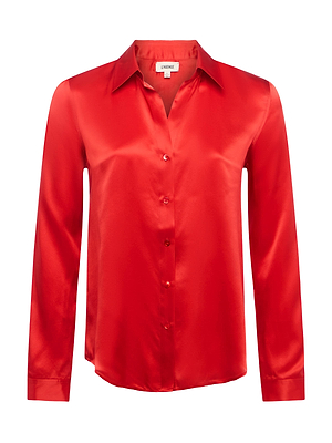 The Tyler Silk Blouse by L'AGENCE is a shiny red satin long-sleeve button-down with a classic collar and smooth, slightly loose fit—an elegant staple for any women’s wardrobe.
