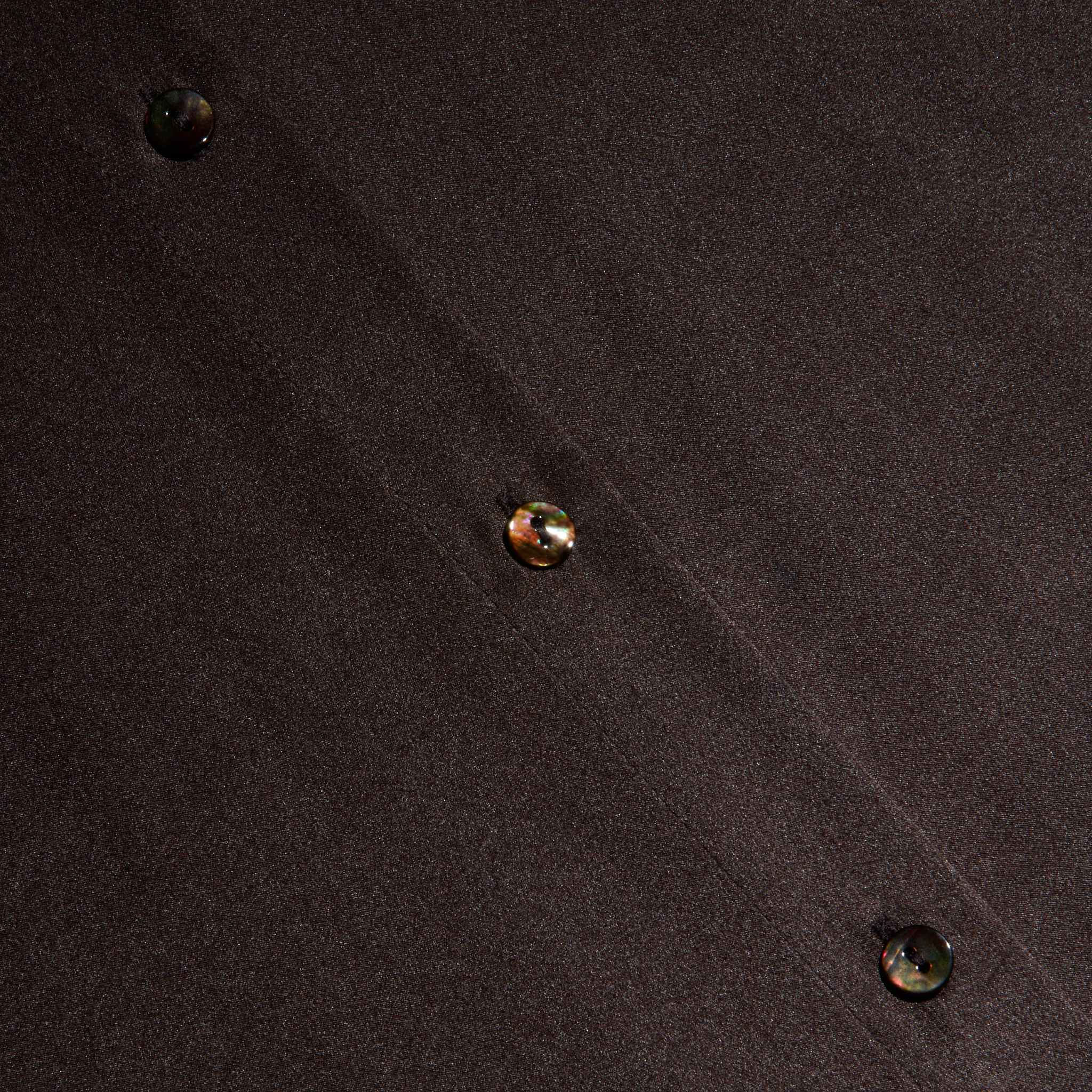 Close-up of the Tyler Silk Blouse in dark brown silk charmeuse, featuring diagonal stitching and three round, shiny buttons evenly spaced along the seam.