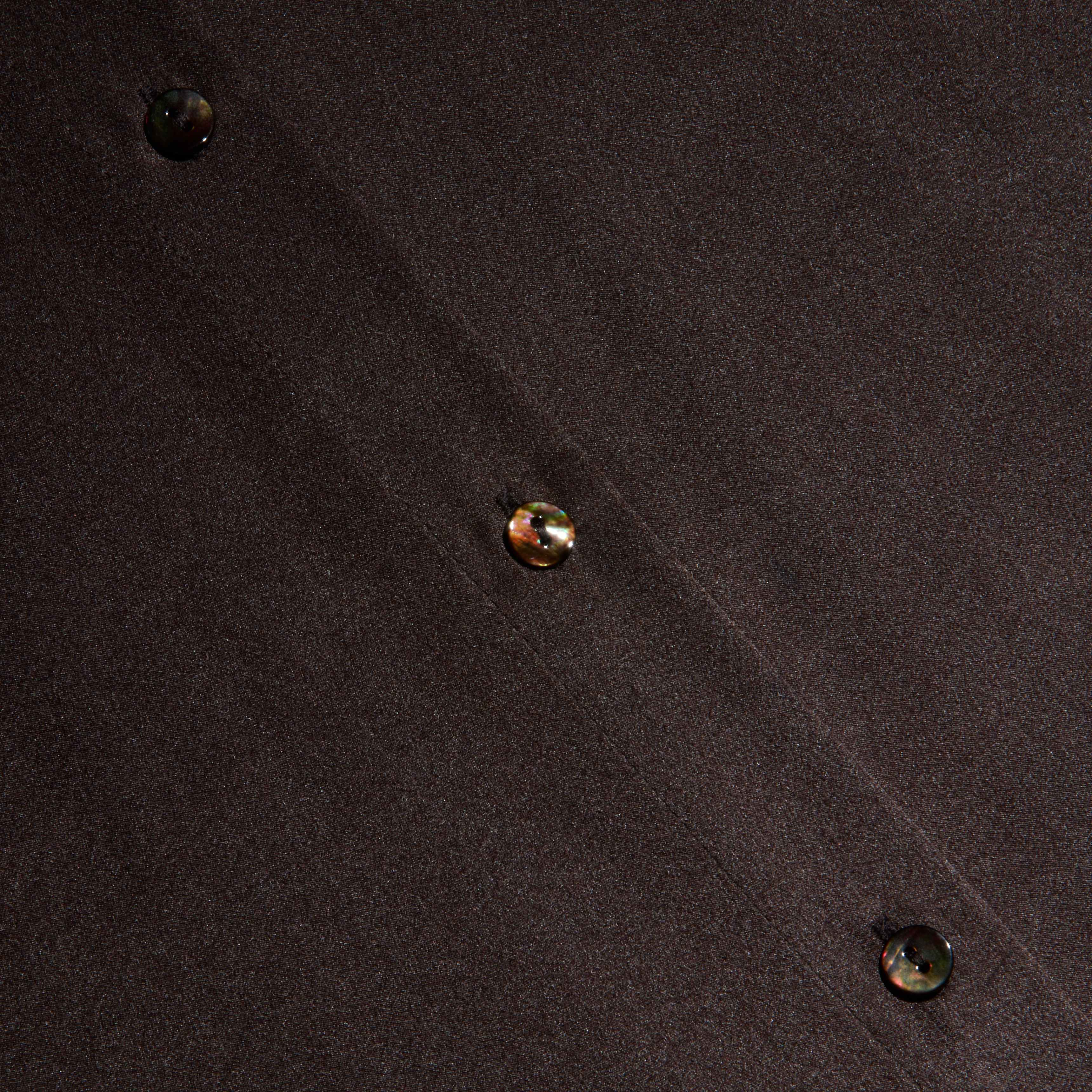 Close-up of the Tyler Silk Blouse in dark brown silk charmeuse, featuring diagonal stitching and three round, shiny buttons evenly spaced along the seam.