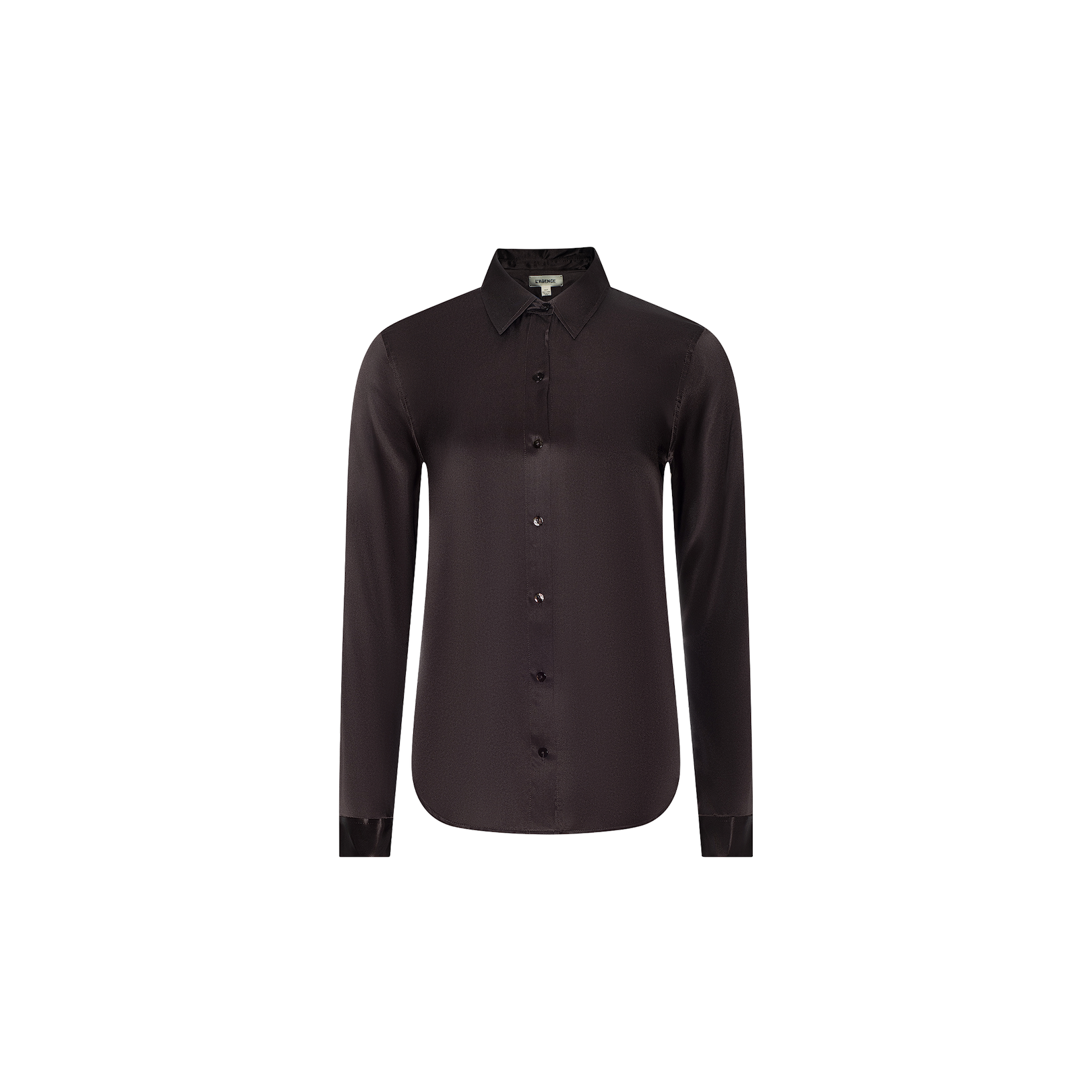 The Tyler Silk Blouse is a long-sleeve, button-up black silk charmeuse blouse with a pointed collar, displayed on a plain white background.