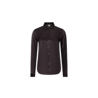 The Tyler Silk Blouse is a long-sleeve, button-up black silk charmeuse blouse with a pointed collar, displayed on a plain white background.