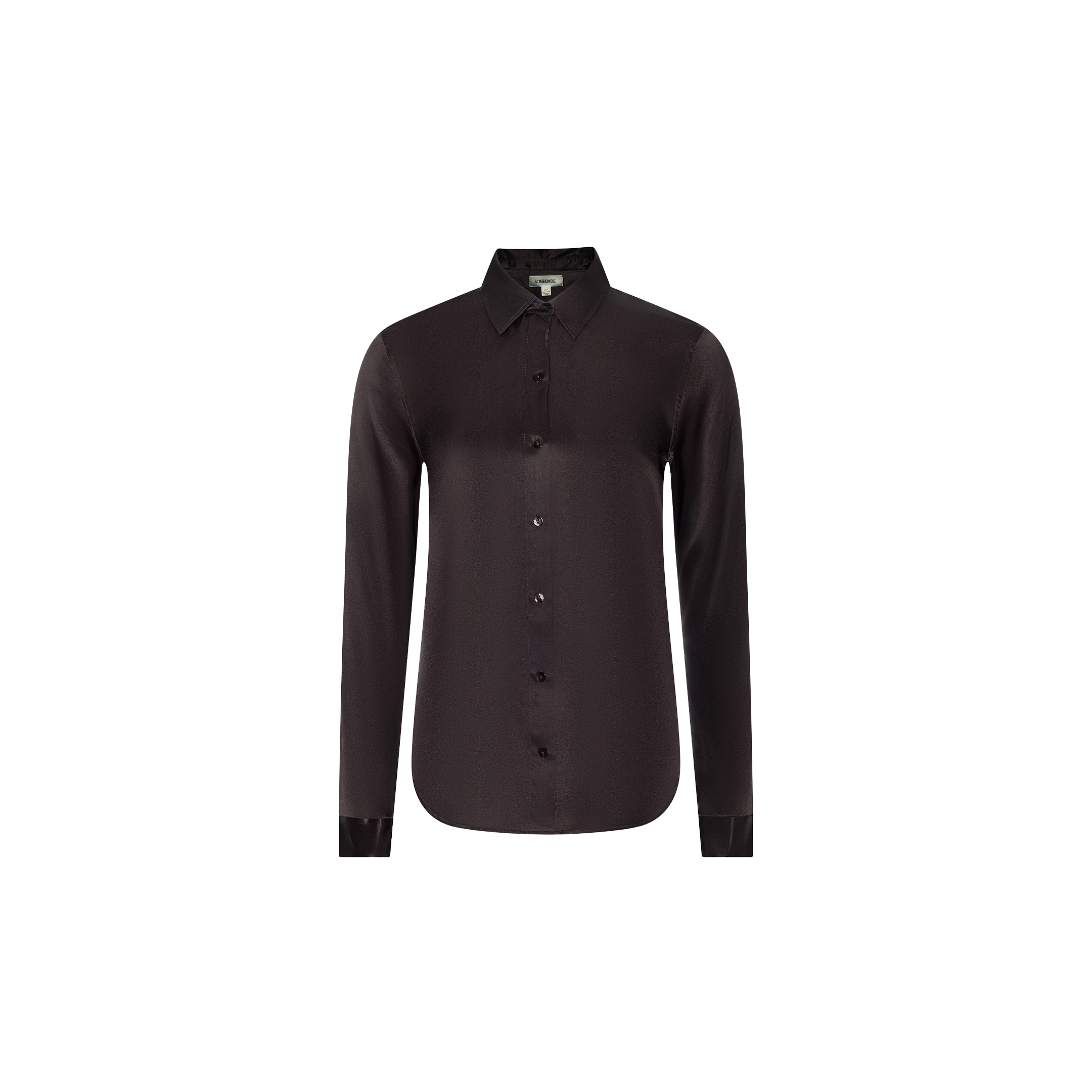 The Tyler Silk Blouse is a long-sleeve, button-up black silk charmeuse blouse with a pointed collar, displayed on a plain white background.
