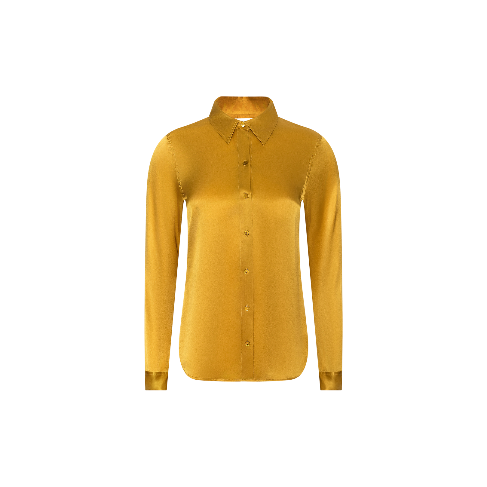 The Tyler Silk Blouse by L’AGENCE is a long-sleeved, golden yellow button-down with a classic collar and front buttons, showcased against a plain white background.