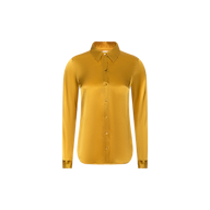 The Tyler Silk Blouse by L’AGENCE, a long-sleeve button-down made from shiny golden yellow silk, is displayed against a plain white background.