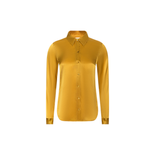 The Tyler Silk Blouse by L’AGENCE is a long-sleeved, golden yellow button-down with a classic collar and front buttons, showcased against a plain white background.