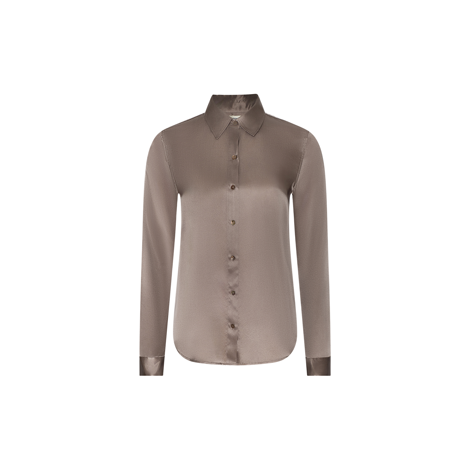 The Tyler Silk Blouse is a cardamom brown, long-sleeve silk button-down with a pointed collar, displayed on a plain white background.