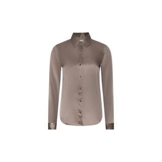 The Tyler Silk Blouse is a cardamom brown, long-sleeve silk button-down with a pointed collar, displayed on a plain white background.