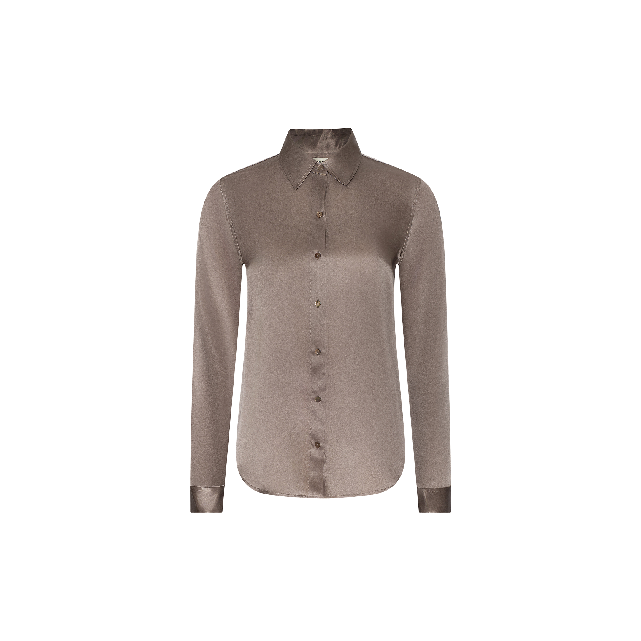 The Tyler Silk Blouse is a long-sleeve, cardamom brown silk button-down with a pointed collar, shown against a plain white background.