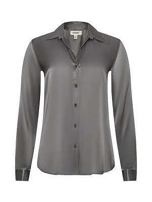 The Tyler Silk Blouse by L'AGENCE is a long-sleeve, button-down dark gray satin top with a collar and smooth, shiny finish, shown on a white background.