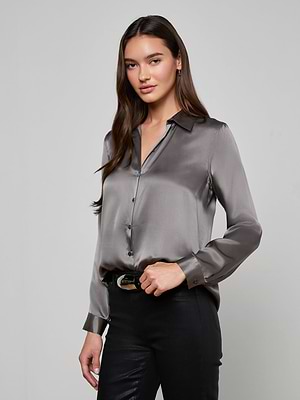 Tyler Silk Blouse in Medium Grey | L'AGENCE Tyler Silk Blouse in Medium Grey | L'AGENCE