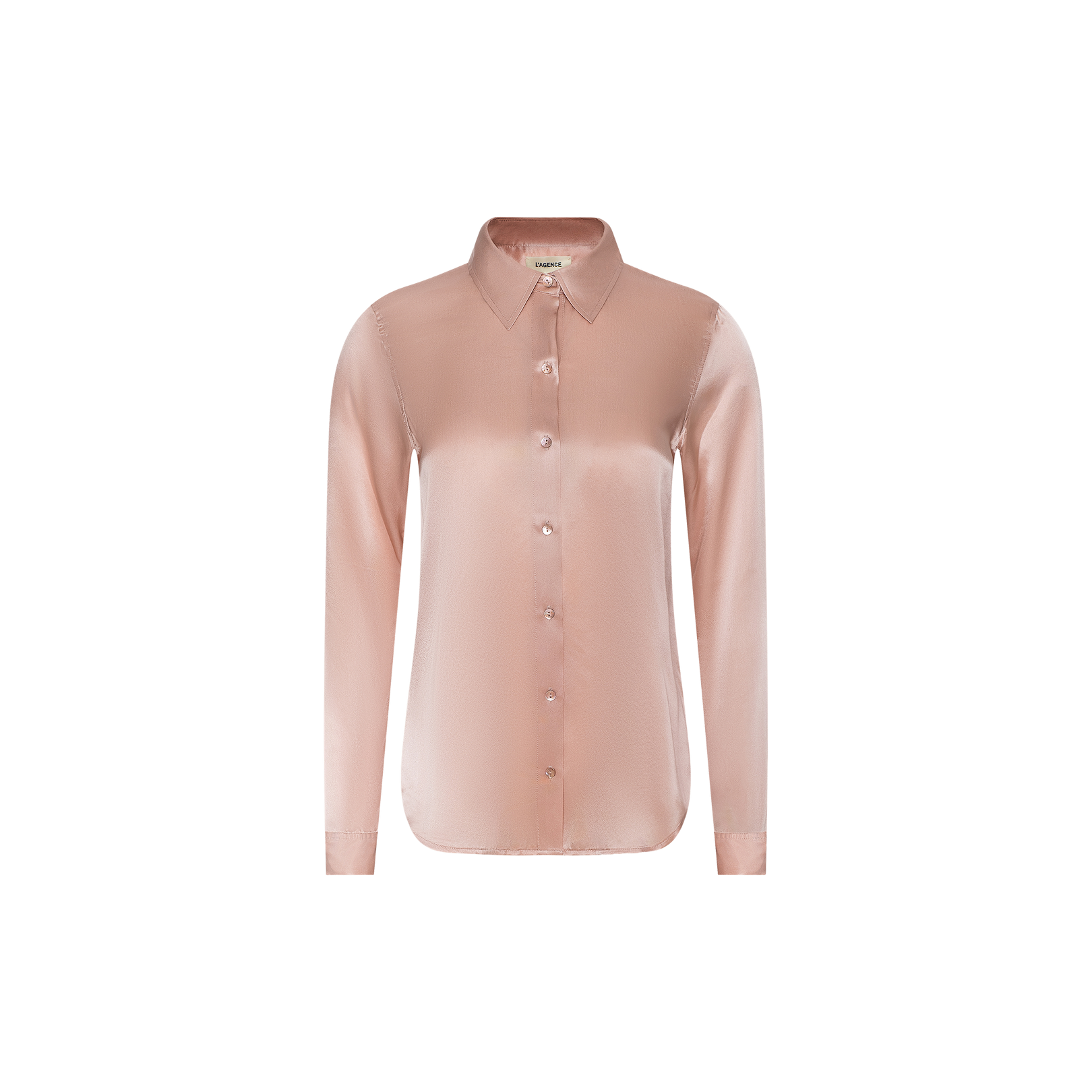 Tyler Silk Blouse—an elegant light pink satin, long-sleeve, silk button-down shirt with a collar by L’AGENCE, shown in front view against a plain white background.