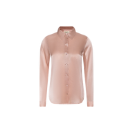 Tyler Silk Blouse—an elegant light pink satin, long-sleeve, silk button-down shirt with a collar by L’AGENCE, shown in front view against a plain white background.