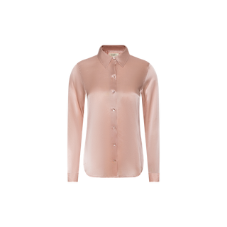 Tyler Silk Blouse—an elegant light pink satin, long-sleeve, silk button-down shirt with a collar by L’AGENCE, shown in front view against a plain white background.