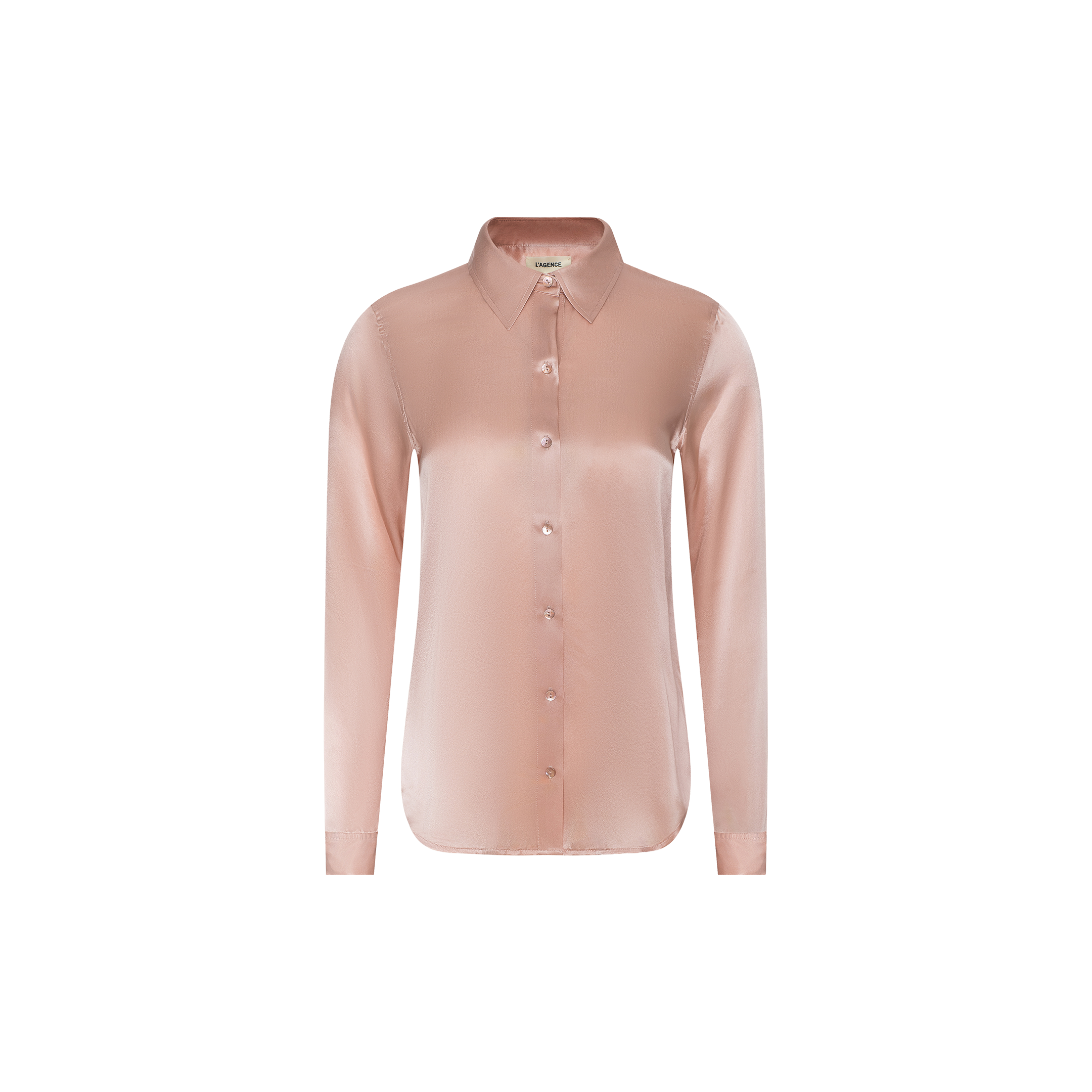 Tyler Silk Blouse—an elegant light pink satin, long-sleeve, silk button-down shirt with a collar by L’AGENCE, shown in front view against a plain white background.