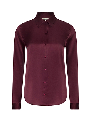 Maroon button up long sleeve shirt on a white background