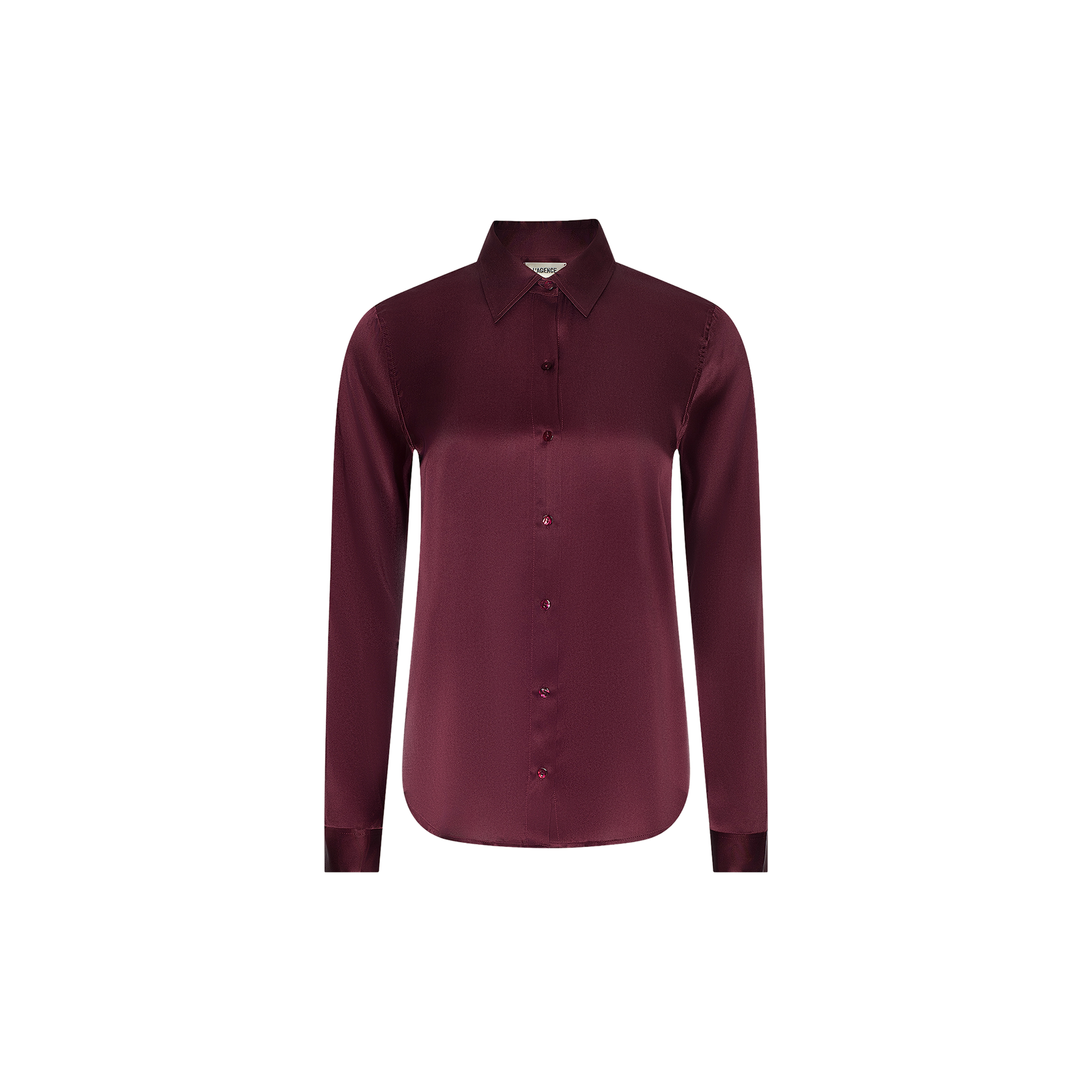 Introducing the Tyler Silk Blouse: a long-sleeve, button-up shirt made from sumptuous silk charmeuse in a rich merlot red, shown against a plain white background.