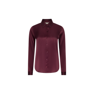 Introducing the Tyler Silk Blouse: a long-sleeve, button-up shirt made from sumptuous silk charmeuse in a rich merlot red, shown against a plain white background.