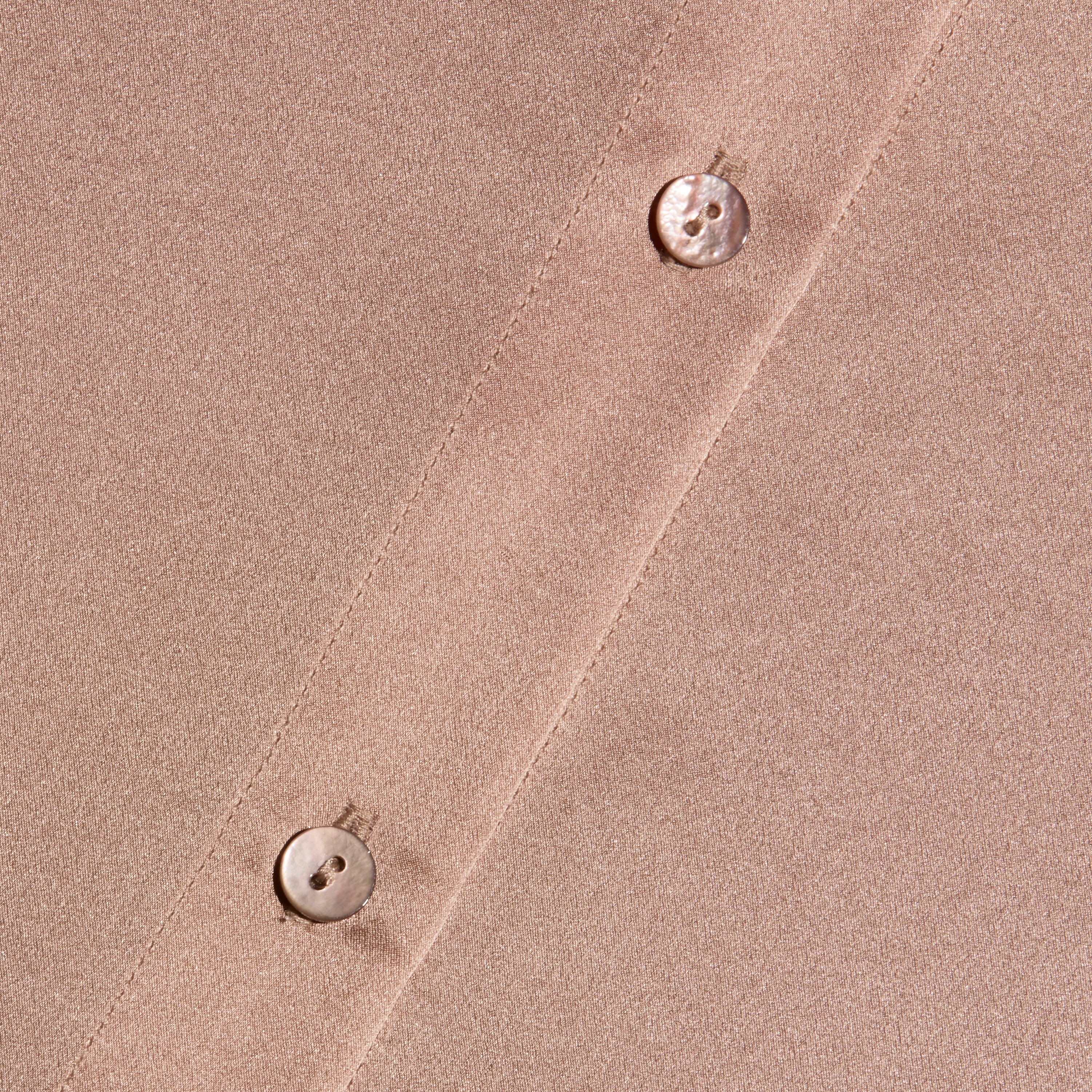 Close-up of a taupe L’AGENCE Tyler Silk Blouse featuring a vertical placket with two round, pearlescent buttons.
