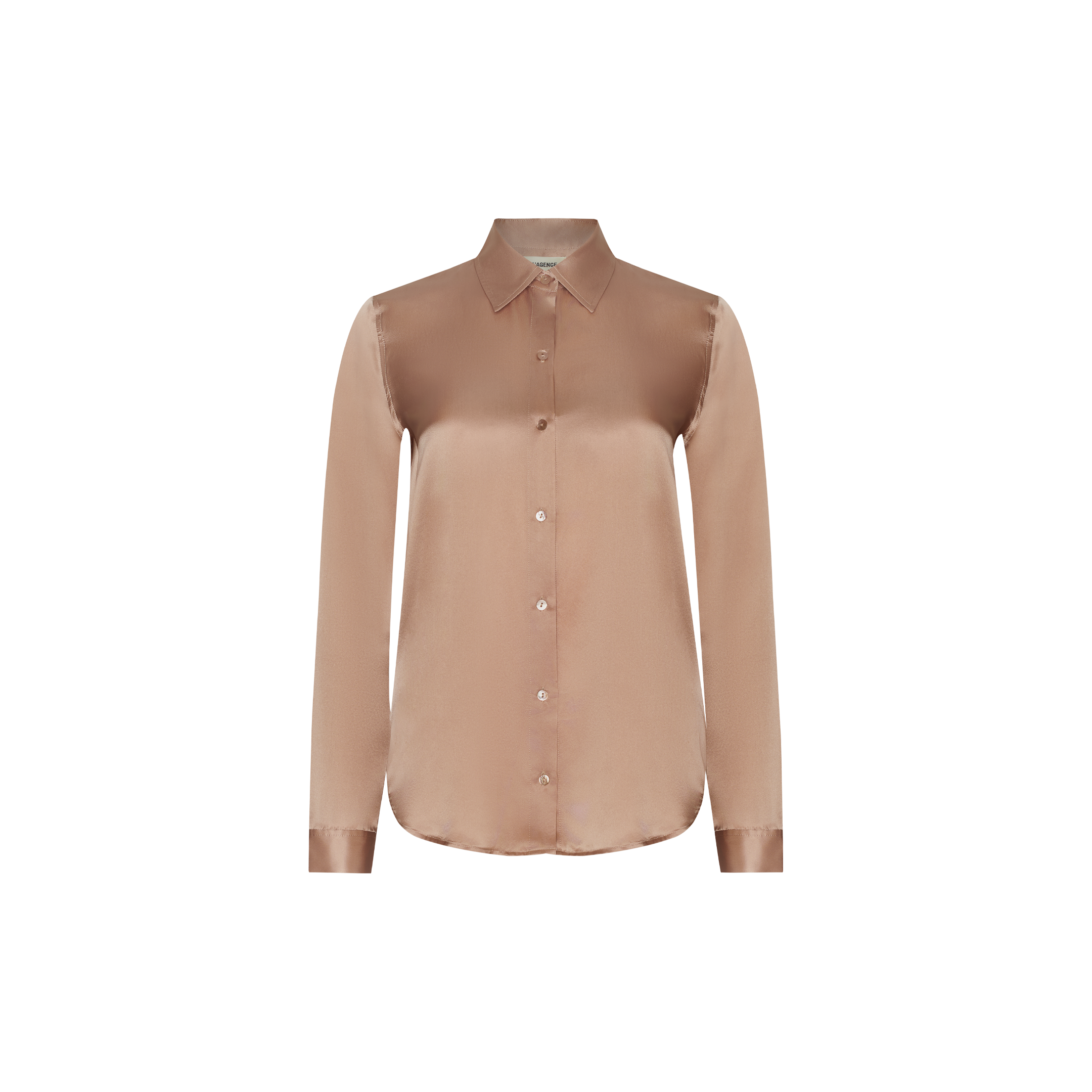 L’AGENCE Tyler Silk Blouse, a long-sleeve button-down in a muted, shiny taupe finish with a classic collar and button cuffs.