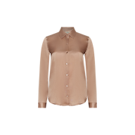 L’AGENCE Tyler Silk Blouse, a long-sleeve button-down in a muted, shiny taupe finish with a classic collar and button cuffs.