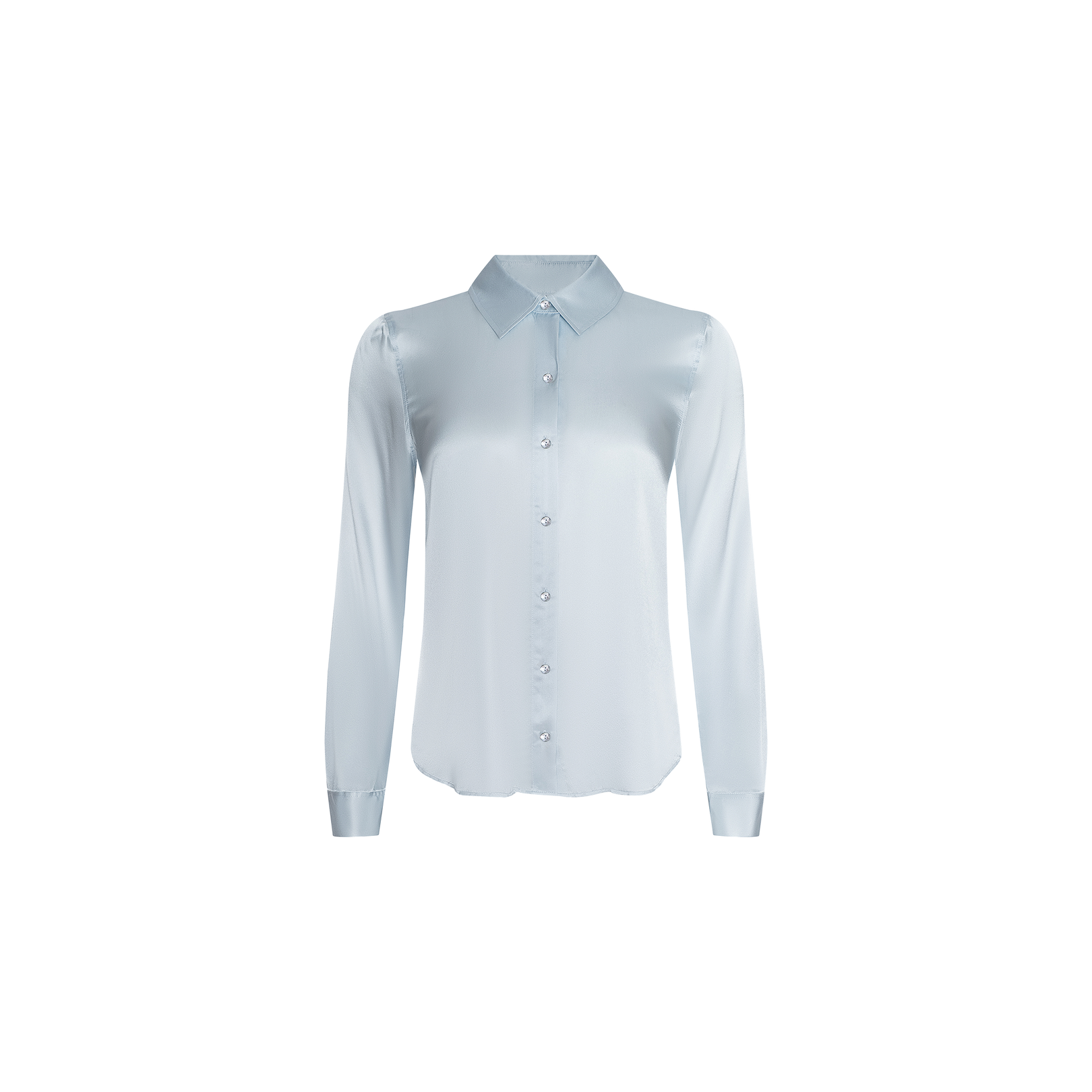 Tyler Silk Blouse in light blue with long sleeves, a pointed collar, and button-down front by L’AGENCE, shown against a plain white background.