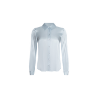 Tyler Silk Blouse in light blue with long sleeves, a pointed collar, and button-down front by L’AGENCE, shown against a plain white background.