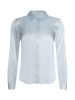 Light blue Tyler Silk Blouse by L'AGENCE featuring a button-down front, long sleeves, pointed collar, and a slightly curved hem, displayed against a white background.