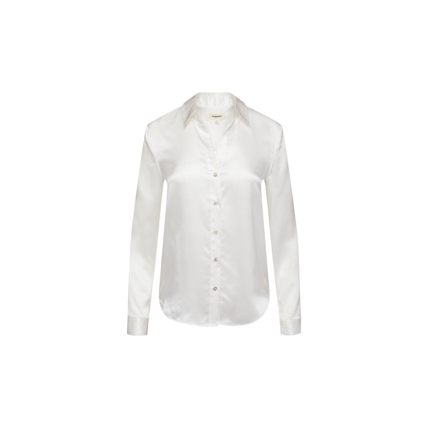 The Tyler Silk Blouse, a white, long-sleeve, button-up blouse with a collar and tailored fit, is elegantly displayed on a plain white background.