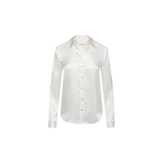 The Tyler Silk Blouse, a white, long-sleeve, button-up blouse with a collar and tailored fit, is elegantly displayed on a plain white background.