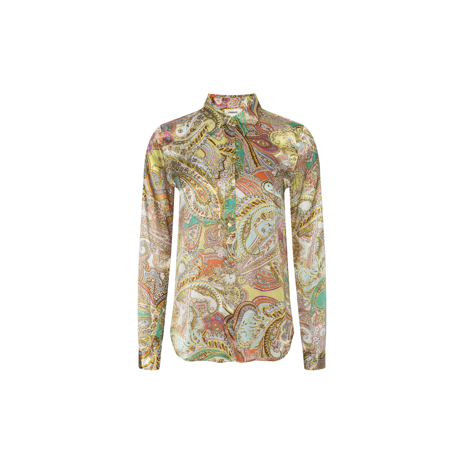 The Tyler Silk Blouse by L’AGENCE is a long-sleeved, silk button-down shirt featuring a colorful paisley print in shades of green, yellow, pink, and brown, displayed on a white background.