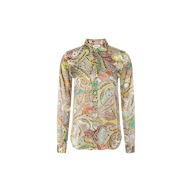 Tyler Silk Blouse by L’AGENCE, a long-sleeved button-down blouse crafted from silk and decorated with a colorful paisley print in shades of green, yellow, pink, and white. Features include a collared neckline and button-down front.