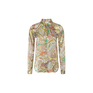 The Tyler Silk Blouse by L’AGENCE is a long-sleeved, silk button-down shirt featuring a colorful paisley print in shades of green, yellow, pink, and brown, displayed on a white background.