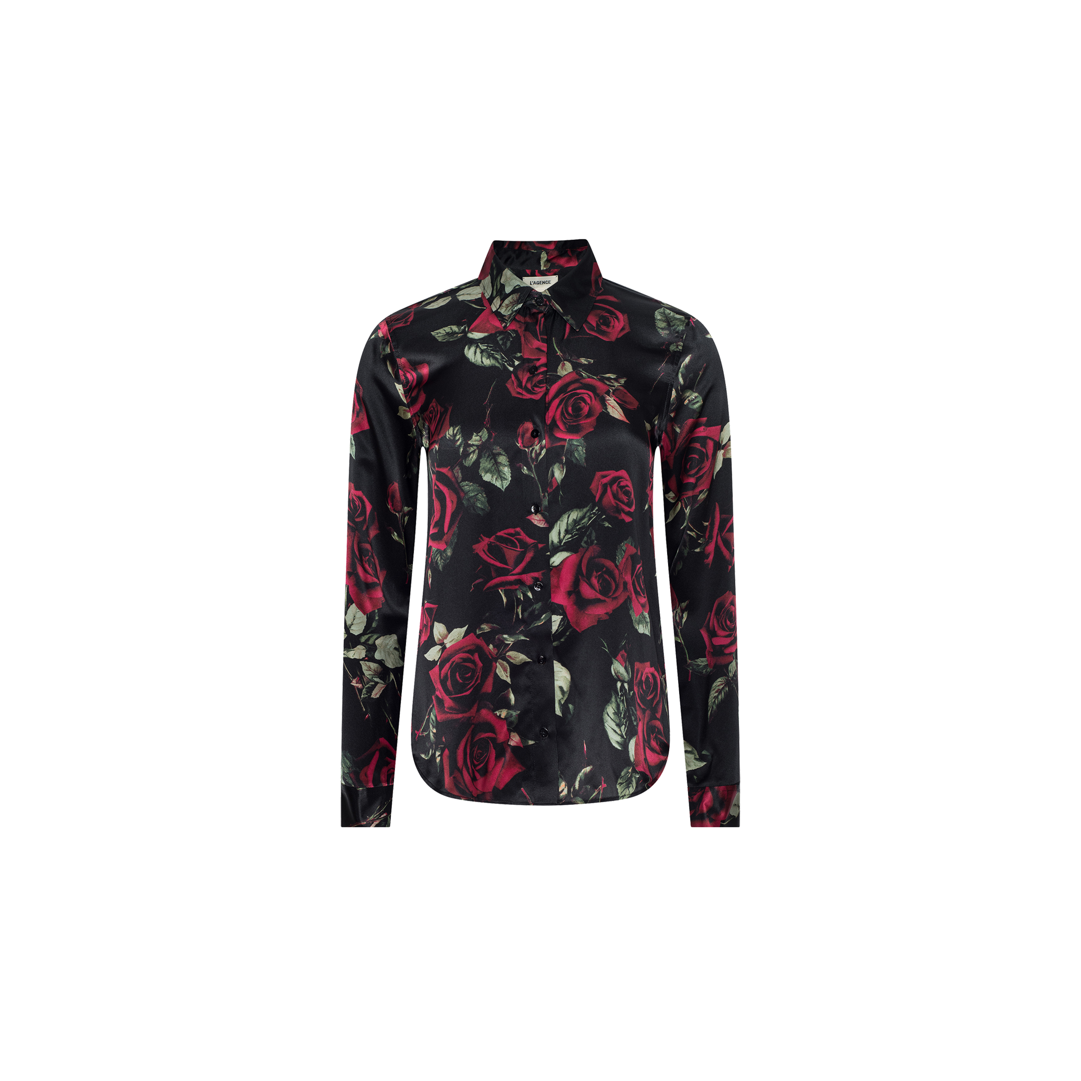 The Tyler Silk Blouse is a long-sleeve, button-up shirt featuring a black background with a striking red rose print—perfect for elevating your business wardrobe—shown against a plain white backdrop.