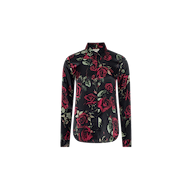 The Tyler Silk Blouse is a long-sleeve, button-up shirt featuring a black background with a striking red rose print—perfect for elevating your business wardrobe—shown against a plain white backdrop.