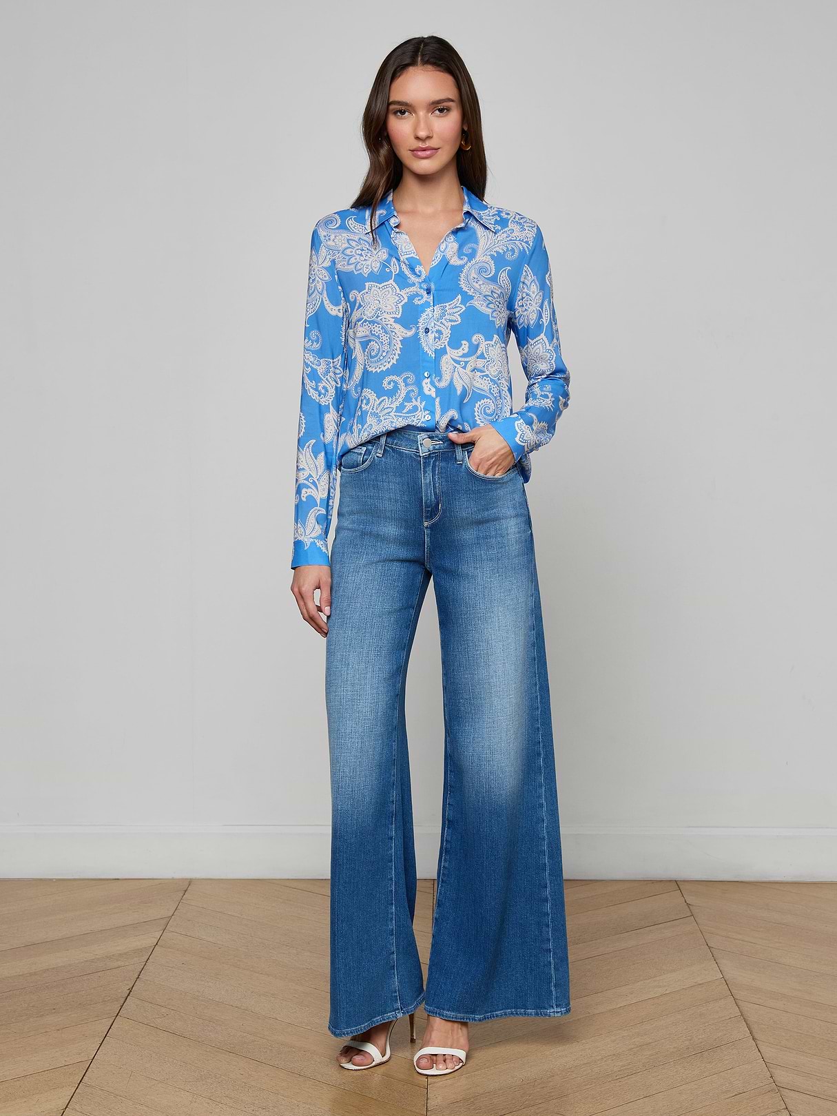 Holly Blouse in Regatta Blue/Ivory Paisley | L'AGENCE