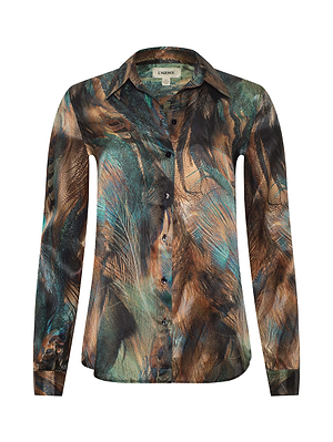 The L'AGENCE Tyler Silk Blouse is a long-sleeve button-down with a collared neckline, showcasing a colorful abstract feather print in brown, teal, and black.