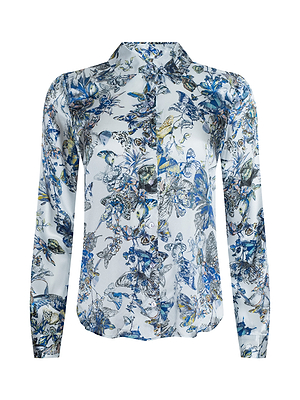 The Tyler Silk Blouse by LAGENCE features a white base with intricate blue and yellow floral and butterfly print, a classic collar, long sleeves, and a curved hem for an elegant look.