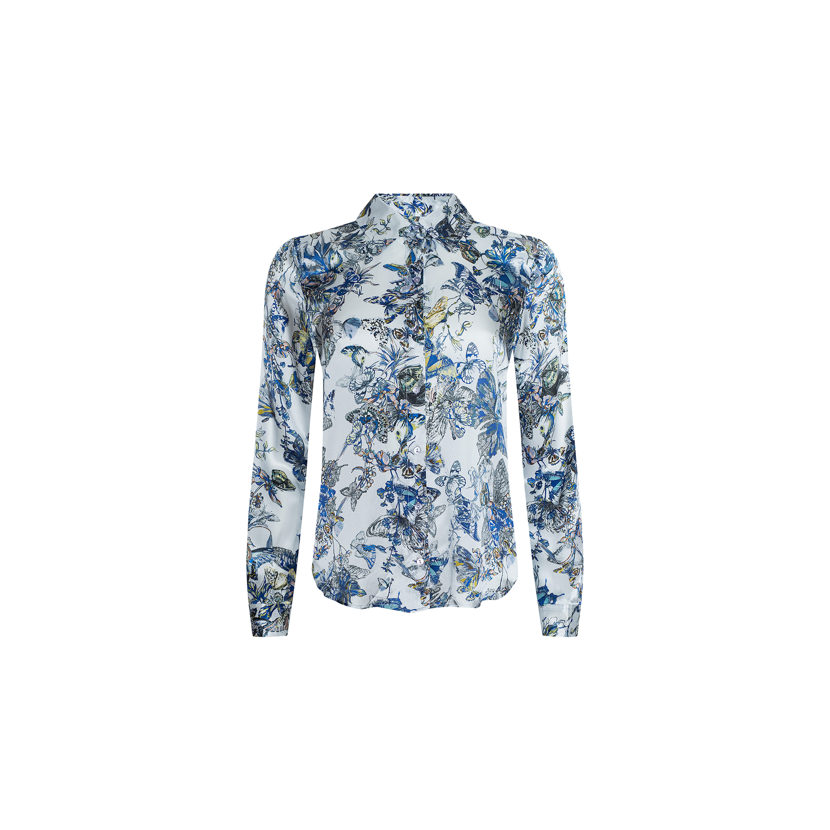 The Tyler Silk Blouse is a long-sleeve, button-down top adorned with a blue and green floral pattern on a white background, showcased against a plain white backdrop.
