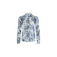 The Tyler Silk Blouse is a long-sleeve, button-down top adorned with a blue and green floral pattern on a white background, showcased against a plain white backdrop.