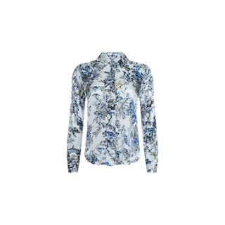 The Tyler Silk Blouse is a long-sleeve, button-down top adorned with a blue and green floral pattern on a white background, showcased against a plain white backdrop.