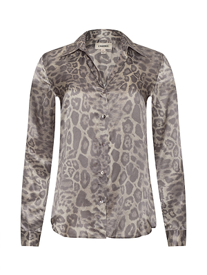 The Tyler Silk Blouse by L'AGENCE is a long-sleeved, button-down top with a glossy gray leopard print, collar, and a slightly fitted silhouette.