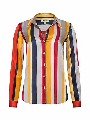 The L'AGENCE Tyler Silk Blouse features multi-colored stripes—red, yellow, orange, navy blue, gray, and white—with a collar, long sleeves, and a satin-like finish for a polished look.