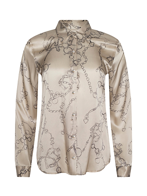 The Tyler Silk Blouse is a long-sleeved, beige satin button-down with a collar, featuring a black chain print and jewelry motif for an elegant look. Inspired by L'AGENCE style, it offers a smooth, shiny silk texture.