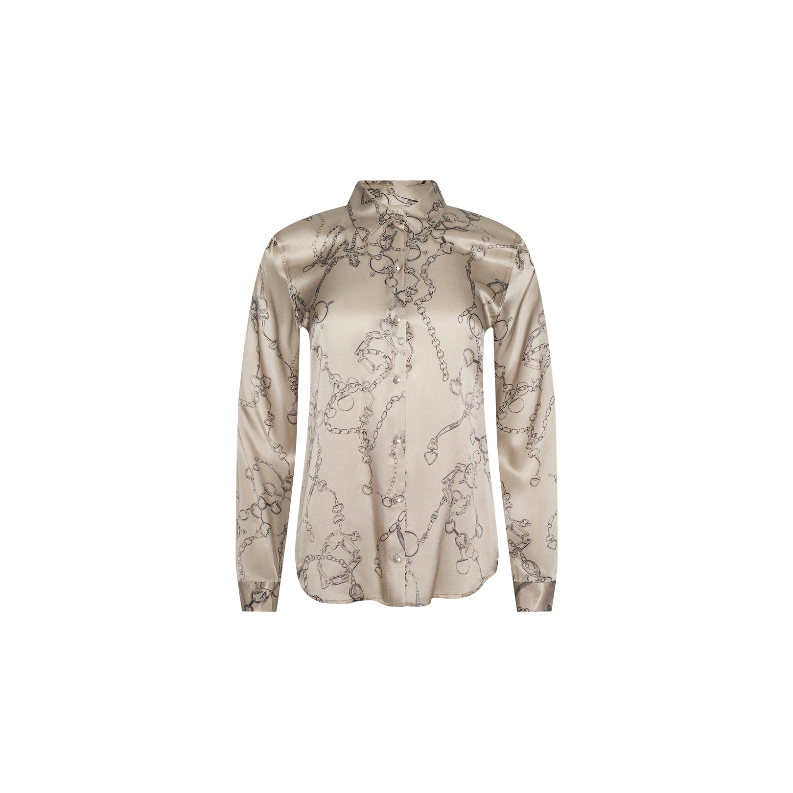 Tyler Silk Blouse in beige satin by L’AGENCE, featuring long sleeves, a collared neckline, and a subtle chain print design, displayed on a plain white background.