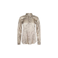 Tyler Silk Blouse in beige satin featuring long sleeves, a high collar, and an abstract gray chain print, displayed on a plain white background.