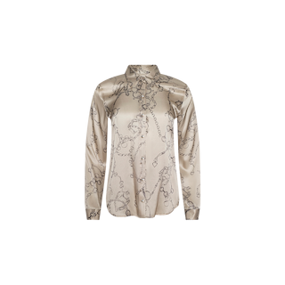Tyler Silk Blouse in beige satin by L’AGENCE, featuring long sleeves, a collared neckline, and a subtle chain print design, displayed on a plain white background.