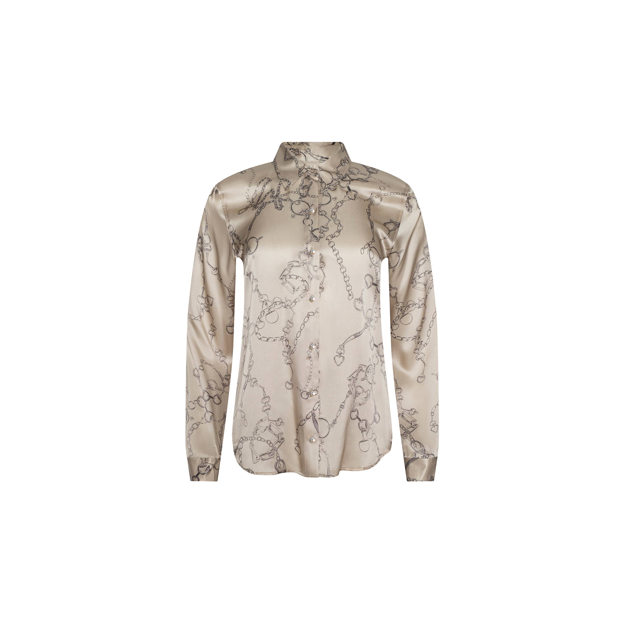 Tyler Silk Blouse in beige satin featuring long sleeves, a high collar, and an abstract gray chain print, displayed on a plain white background.
