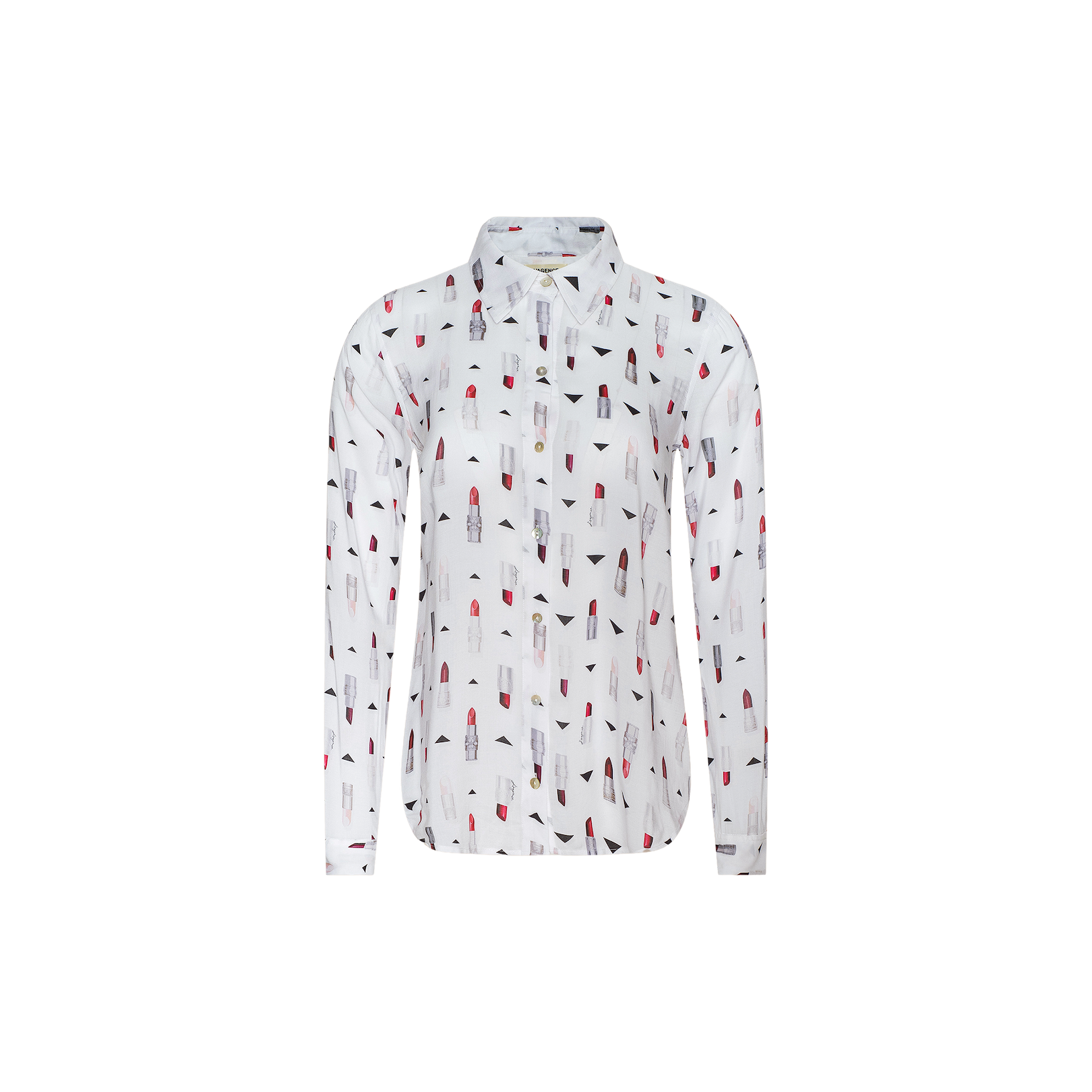 Introducing the Holly Blouse — a slim fit, white long-sleeve button-down shirt adorned with an all-over lipstick print in striking red, black, and gray. Featuring a classic collar, the Holly Blouse is captured against a plain white background.