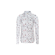 Introducing the Holly Blouse — a slim fit, white long-sleeve button-down shirt adorned with an all-over lipstick print in striking red, black, and gray. Featuring a classic collar, the Holly Blouse is captured against a plain white background.