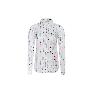 Introducing the Holly Blouse — a slim fit, white long-sleeve button-down shirt adorned with an all-over lipstick print in striking red, black, and gray. Featuring a classic collar, the Holly Blouse is captured against a plain white background.